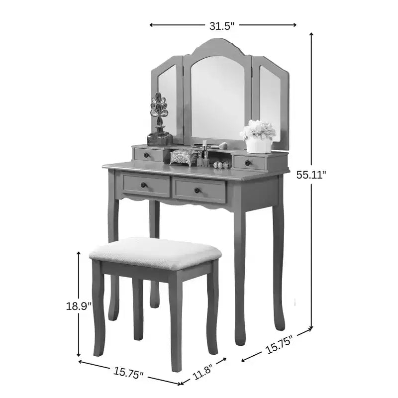 Coiffeuse et tabouret en bois argenté Sanlo