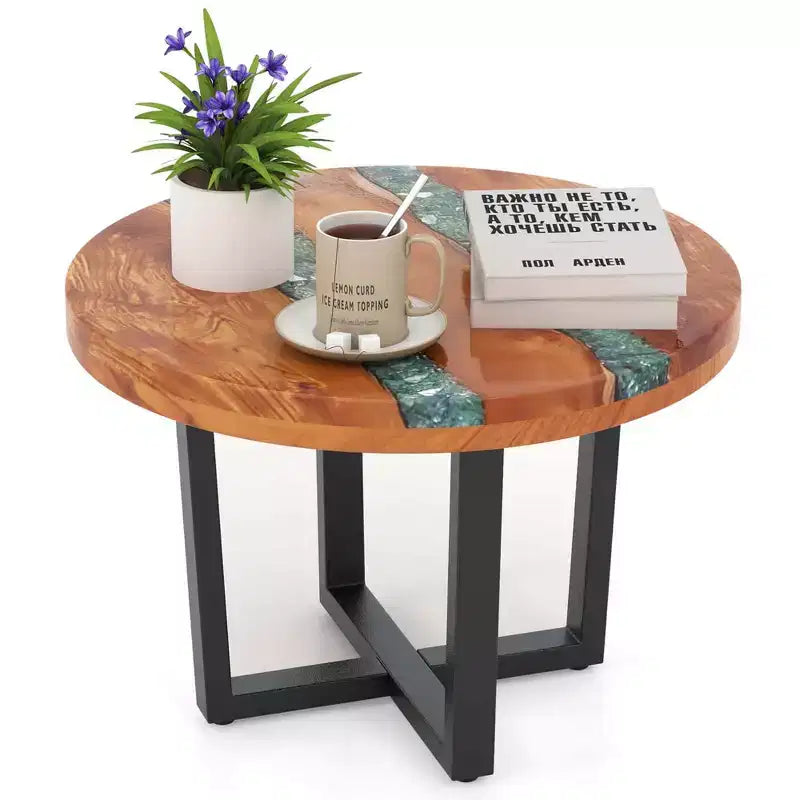 Table d'appoint ronde Costway de 24 po en bois de teck avec plateau en résine époxy, base en acajou pour patio