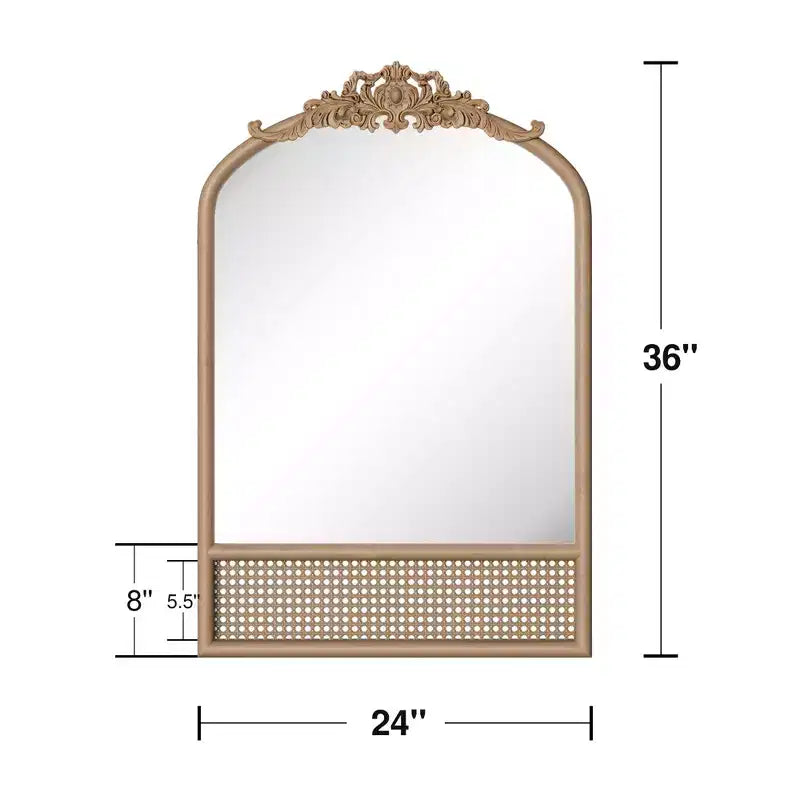 Miroir Mural Marron en Bois Massif Sculpté à la Main avec Tressage en Rotin, Angle Droit Légèrement Arqué