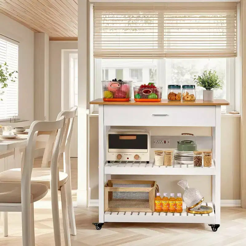 Desserte de cuisine roulante VECELO 40 avec tiroir et multiprise, 2 étagères de rangement pour cuisine, blanc