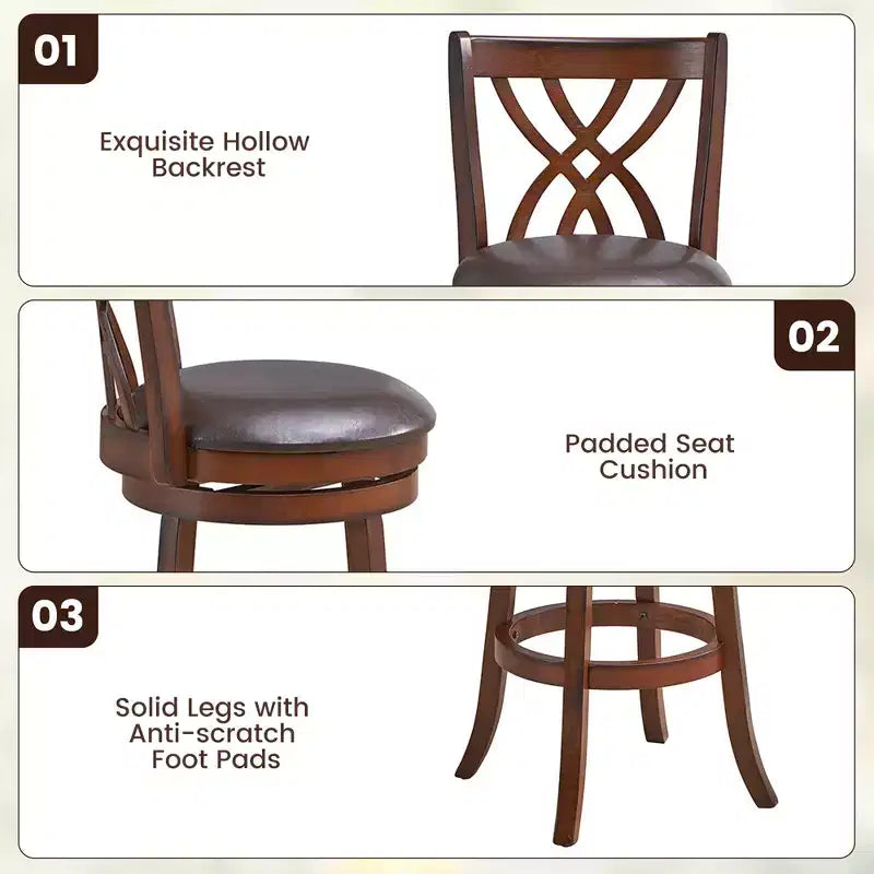 Lot de 2 tabourets de bar pivotants Costway, chaises de salle à manger ou de pub à hauteur de bar avec pieds en bois d'hévéa