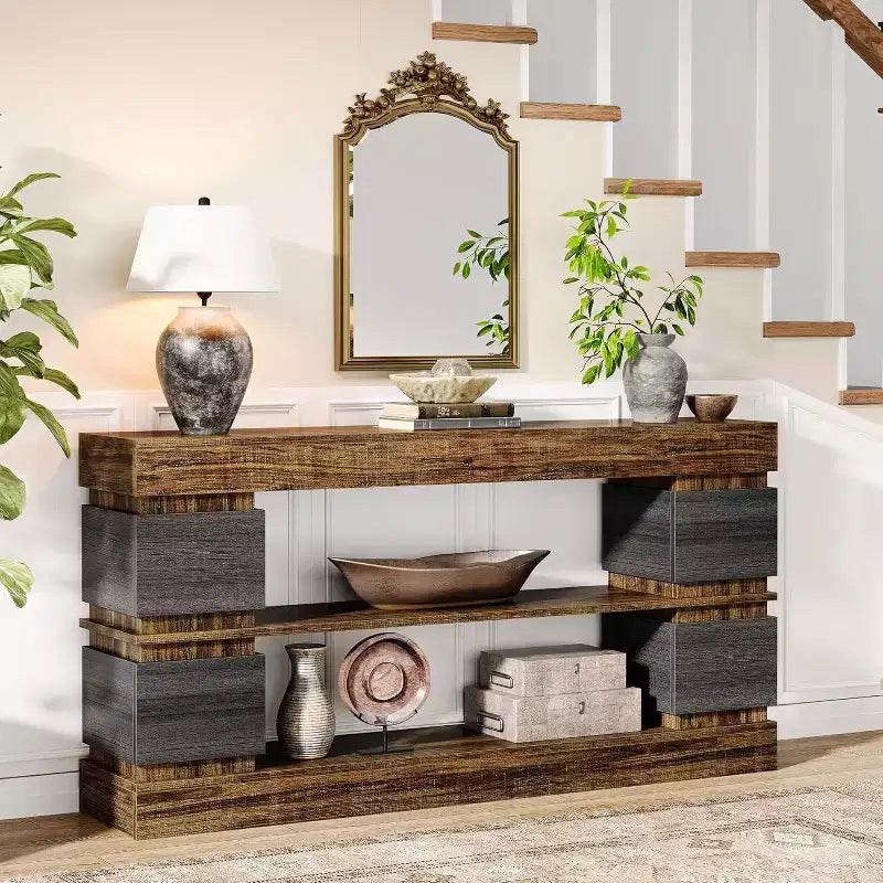 Lantine 63 Table Console Longue à 3 Niveaux avec Rangement pour Entrée, Marron