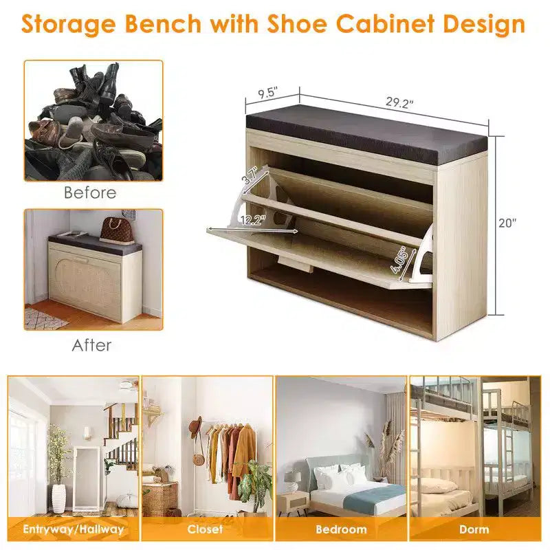 Karl Home | Banc de rangement rembourré en rotin véritable