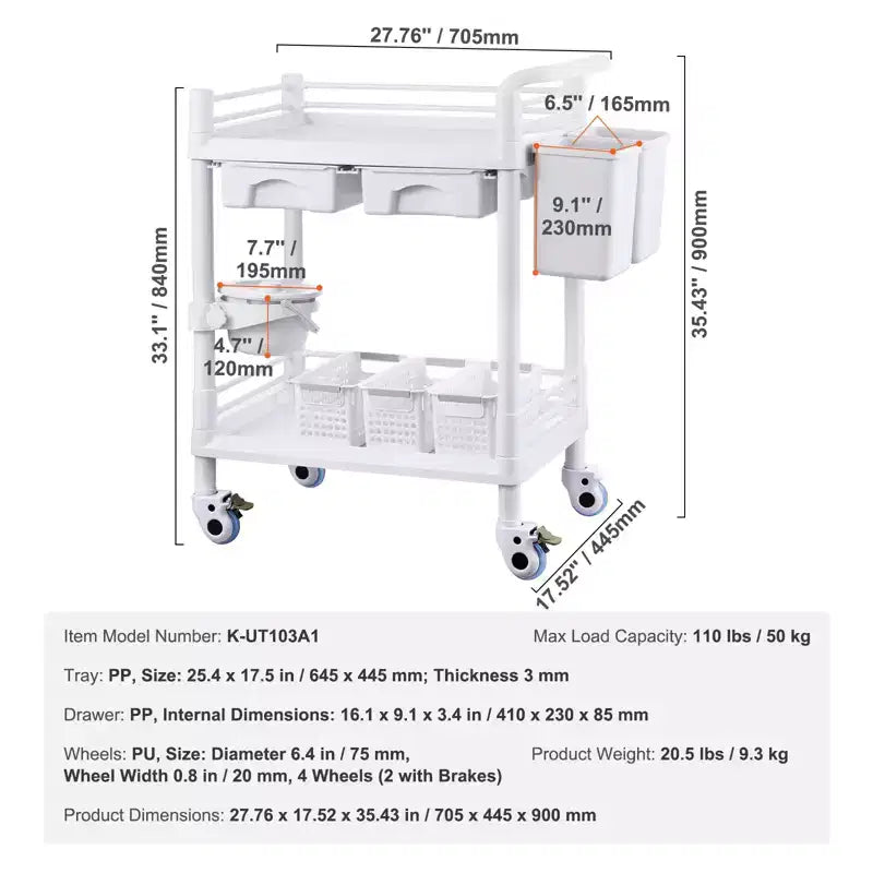 Chariots de laboratoire VEVOR à 2 niveaux, Chariot de service de laboratoire avec 2 plateaux, 2 tiroirs et 4 roues silencieuses, Chariot médical mobile en PP, Chariot de laboratoire roulant