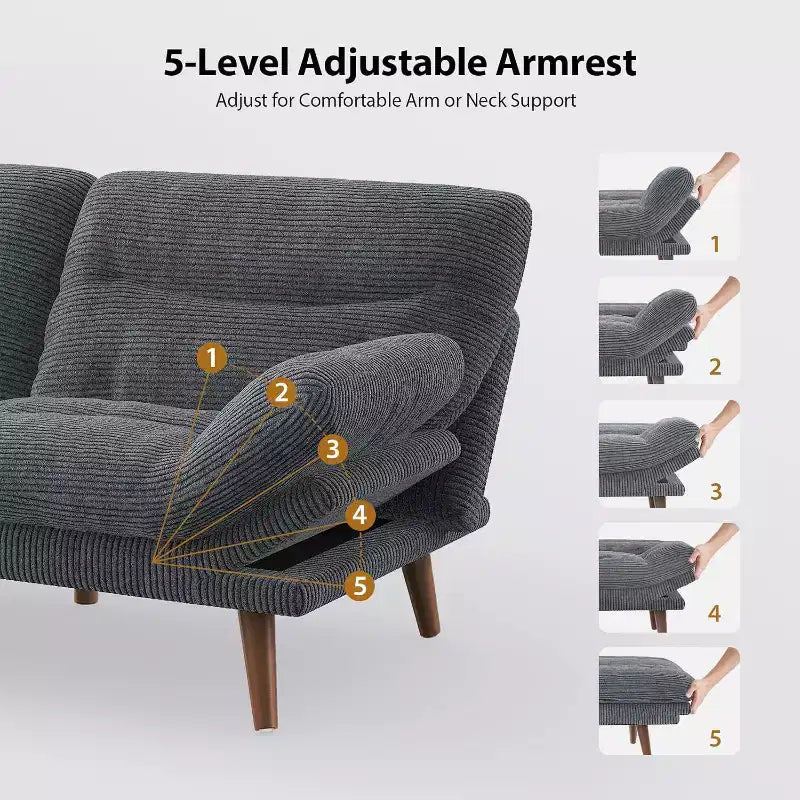 66 Canapé convertible en velours côtelé avec dossier et accoudoirs réglables, pour petits espaces, salon, appartement, chambre d'amis ou bureau, gris
