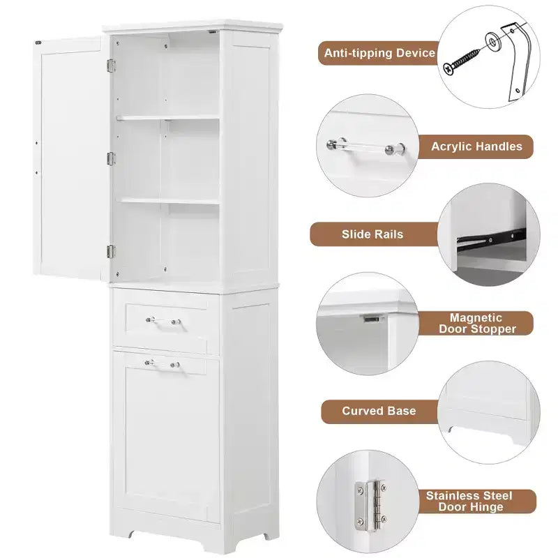 GDFStudio Nolan Armoire de salle de bain haute en bois moderne sur pied avec 2 tiroirs et étagère réglable