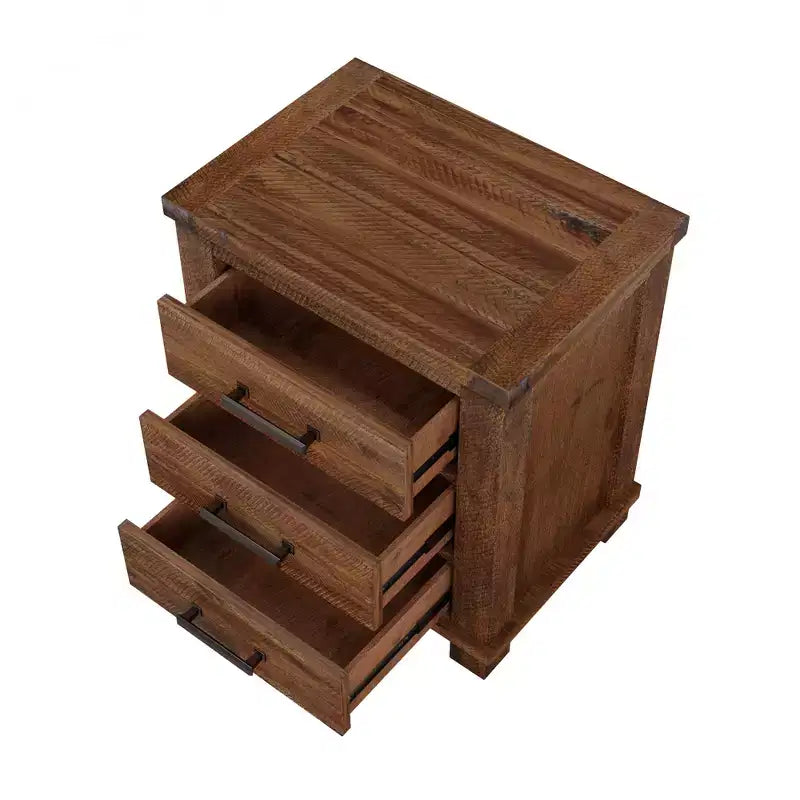 Table de chevet GDFStudio Ken Rustique en bois massif avec 3 tiroirs (lot de 2)