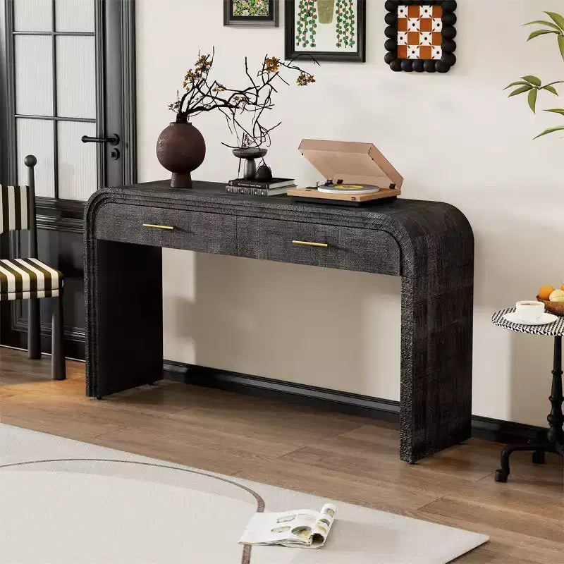 Console vintage avec 2 tiroirs, Table d'entrée pour le salon, le couloir ou la chambre à coucher, en bois naturel ou noir antique