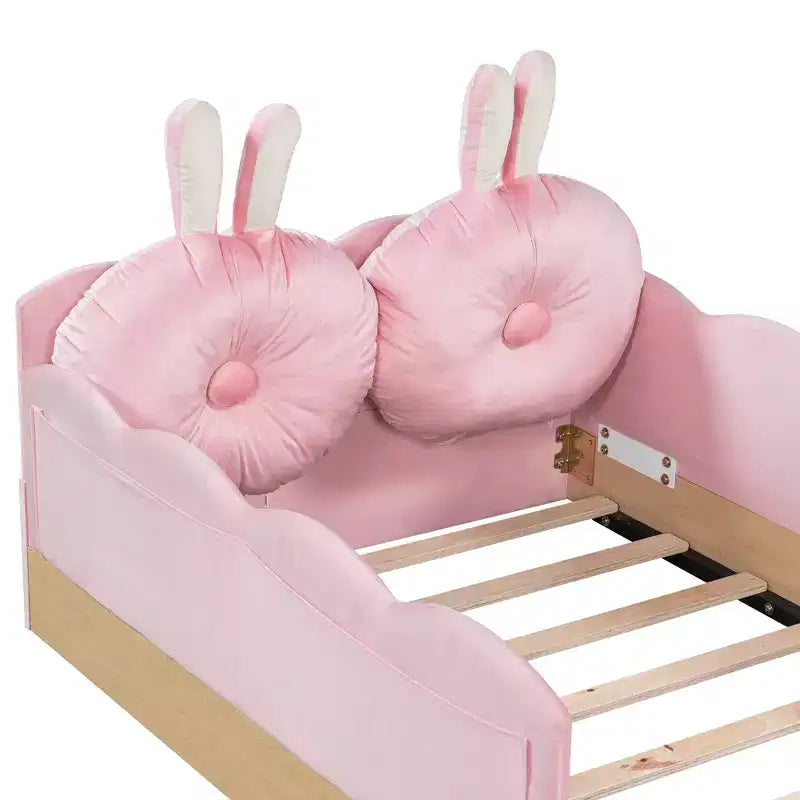 Lit de sol Montessori double avec oreillers rembourrés, barrières de sécurité, lit plate-forme avec oreillers mignons en forme d'oreilles de lapin