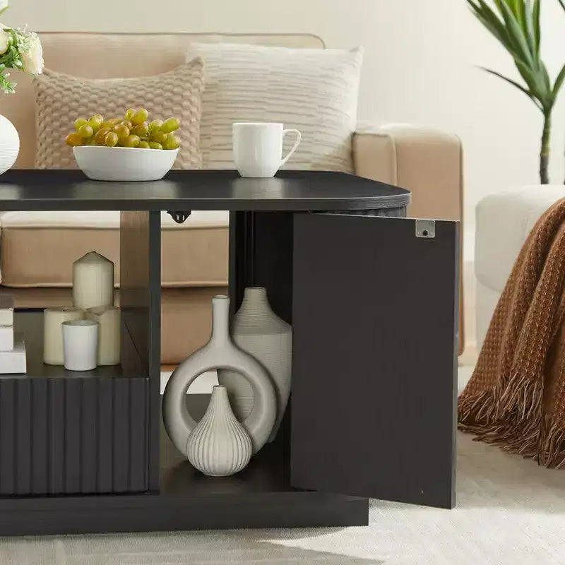Table basse ovale, 118 cm, luxe moderne avec tiroirs et rangement, silhouette incurvée, pour salon ou bureau