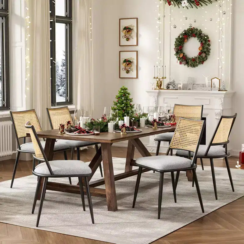 TUYOHW Lot de 2 chaises de salle à manger à cadre métallique avec dossier en rotin, chaises de cuisine et salle à manger Boucle avec pieds réglables pour salon