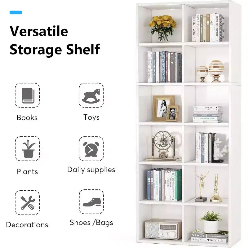 Lantine Bibliothèque étroite de 180 cm de haut, étagère moderne blanche avec 12 casiers de rangement pour bureau à domicile, verticale ou horizontale
