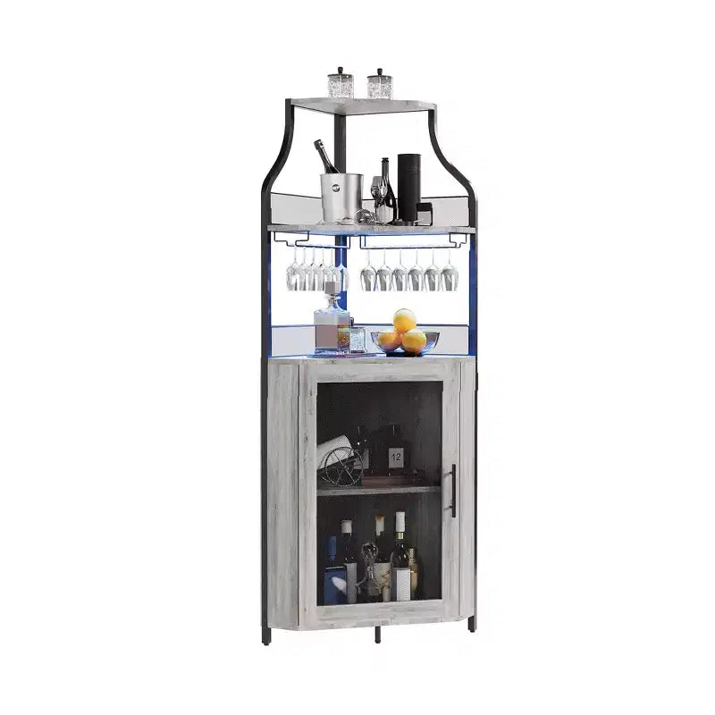 Meuble d'angle de bar industriel avec lumières, rangement à 5 niveaux, étagère en verre et porte-bouteilles amovibles, étagères réglables, buffet à liqueur peu encombrant