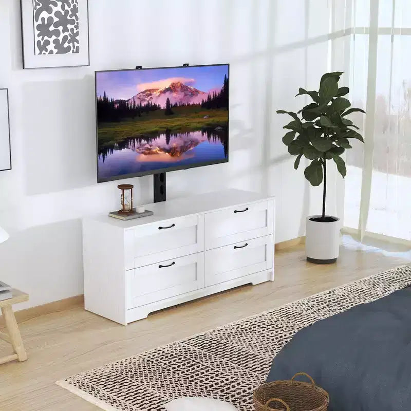 Meuble TV avec support et 4 tiroirs de rangement pour salon, chambre à coucher, compatible avec les téléviseurs de 32/45/55/65/75/80 pouces