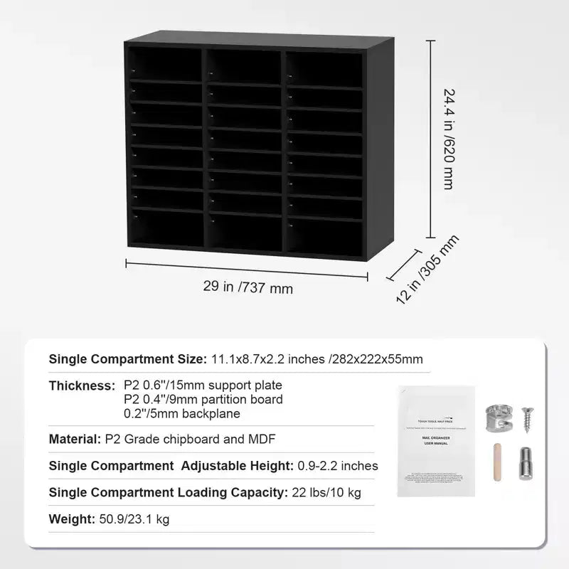 Organisateur de documents en bois à 24 compartiments avec étagères amovibles pour bureau, salle de classe, casiers à courrier, rangement de documents, finition noire