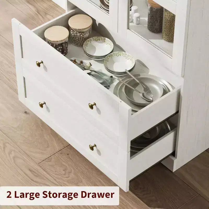 Garde-manger de cuisine arqué moderne de 72 po de haut, meuble de rangement autoportant en bois avec portes vitrées et tiroirs pour salle à manger et salon
