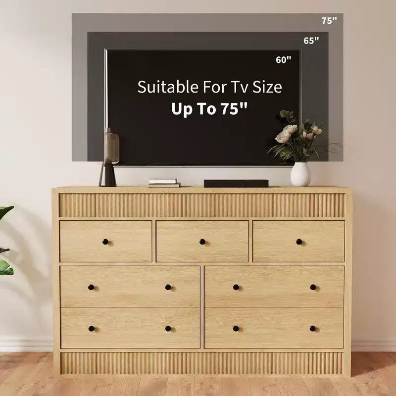 Commode à 7 tiroirs pour chambre à coucher, 137 cm de large, en bois, organiseur de rangement de style Mid-Century moderne, meuble TV de style ferme pour entrée