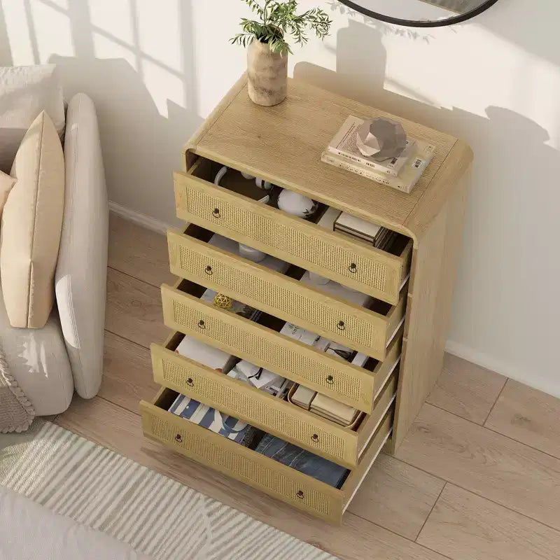 Commode 5 tiroirs pour chambre à coucher, commode moderne en rotin, commode moderne avec poignée en métal, commode en bois meuble TV pour chambre à coucher