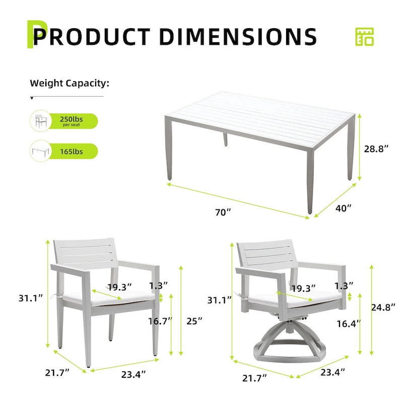 GDFStudio - Ensemble de salle à manger d'extérieur 7 pièces en aluminium blanc mat et gris avec coussins Sunbrella