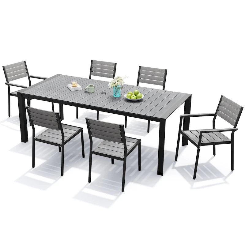 Ensemble de salle à manger d'extérieur 7 pièces – Table en aluminium avec trou pour parasol et chaises empilables