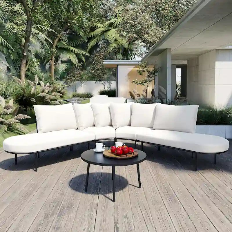 Ensemble de canapés d'angle incurvés en fer avec table et coussins