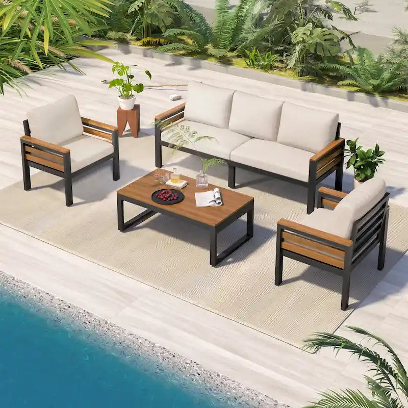 Ensemble de canapés modulaires d'extérieur 4 pièces, ensemble de meubles de conversation de patio toutes saisons avec coussin et table basse en bois massif