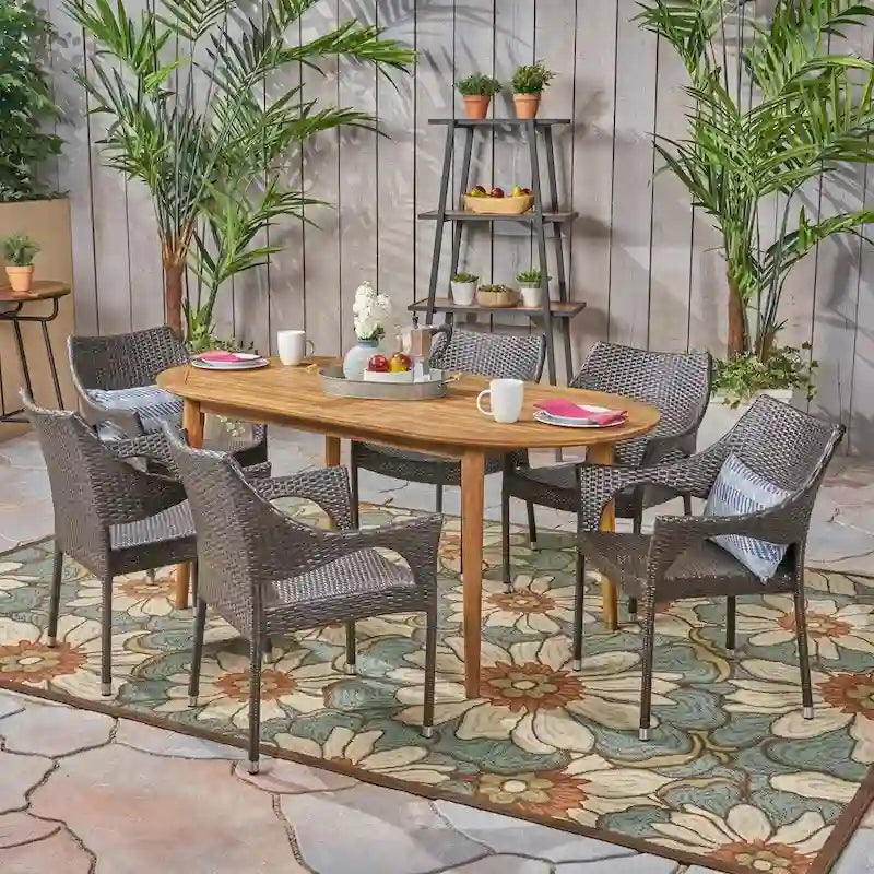 Ensemble de salle à manger d'extérieur Fayette 7 pièces en bois d'acacia avec chaises empilables en osier par Christopher Knight Home