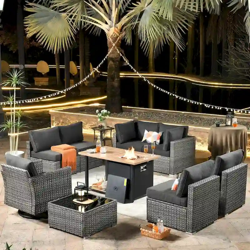 HOOOWOOO Salon de jardin en rotin gris 10 pièces avec brasero