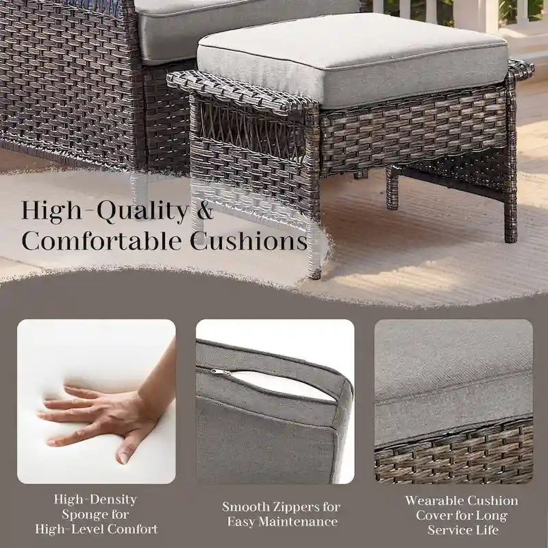 Canapé à dossier haut et 2 fauteuils, 2 poufs, table basse - Marron