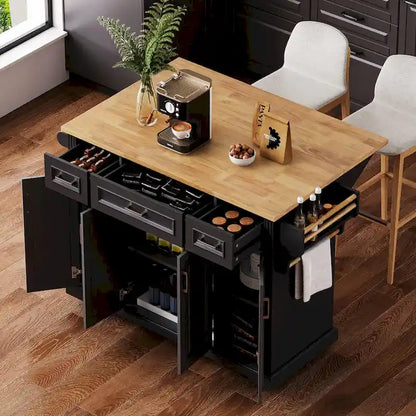 54 Grand îlot de cuisine avec plateau rabattable en bois d'hévéa, chariot de cuisine roulant à texture gaufrée sur 4 roues avec 4 portes et 3 tiroirs