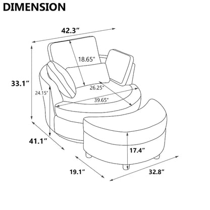 Fauteuil d'appoint pivotant rembourré 42,3 W avec 4 oreillers et pouf de rangement demi-lune