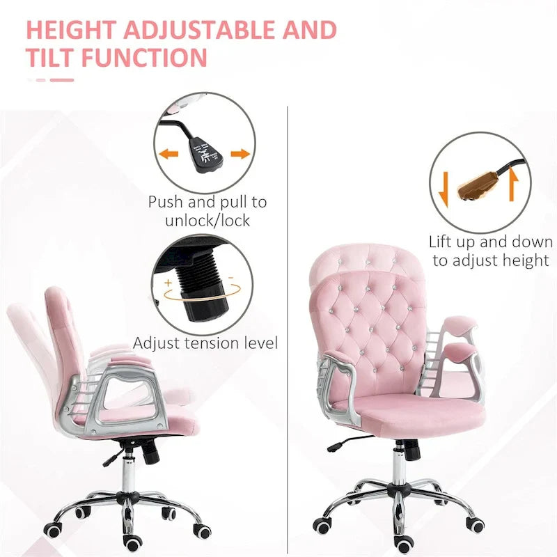 Fauteuil de bureau à hauteur réglable en velours avec accoudoirs rembourrés et roulettes - S.O.