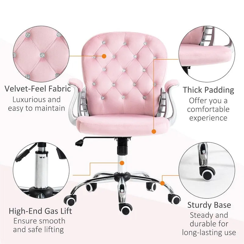 Fauteuil de bureau à hauteur réglable en velours avec accoudoirs rembourrés et roulettes - S.O.