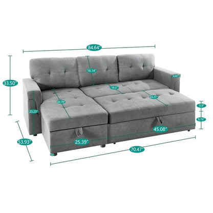 Canapé d'angle réversible convertible avec lit gigogne, méridienne de rangement et pieds durables