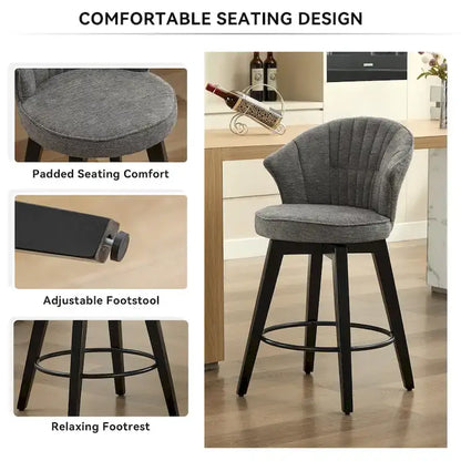 Lot de 2 tabourets de bar pivotants, chaises de salle à manger rembourrées avec large dossier, chaises de hauteur comptoir avec pieds en métal
