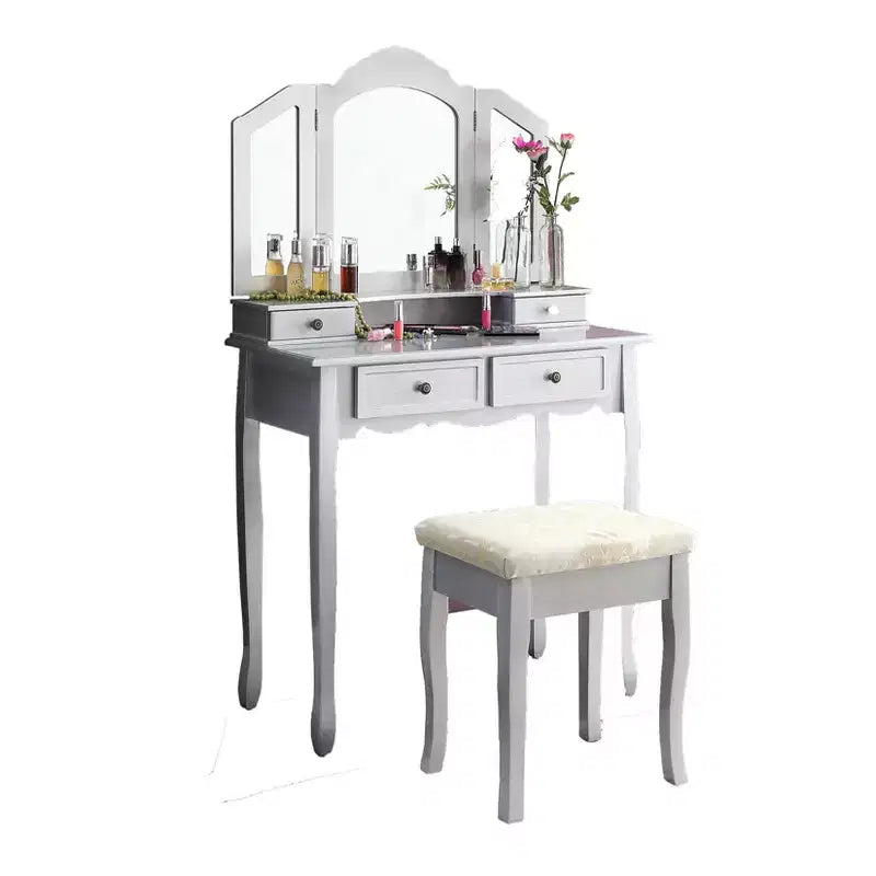 Coiffeuse et tabouret en bois argenté Sanlo