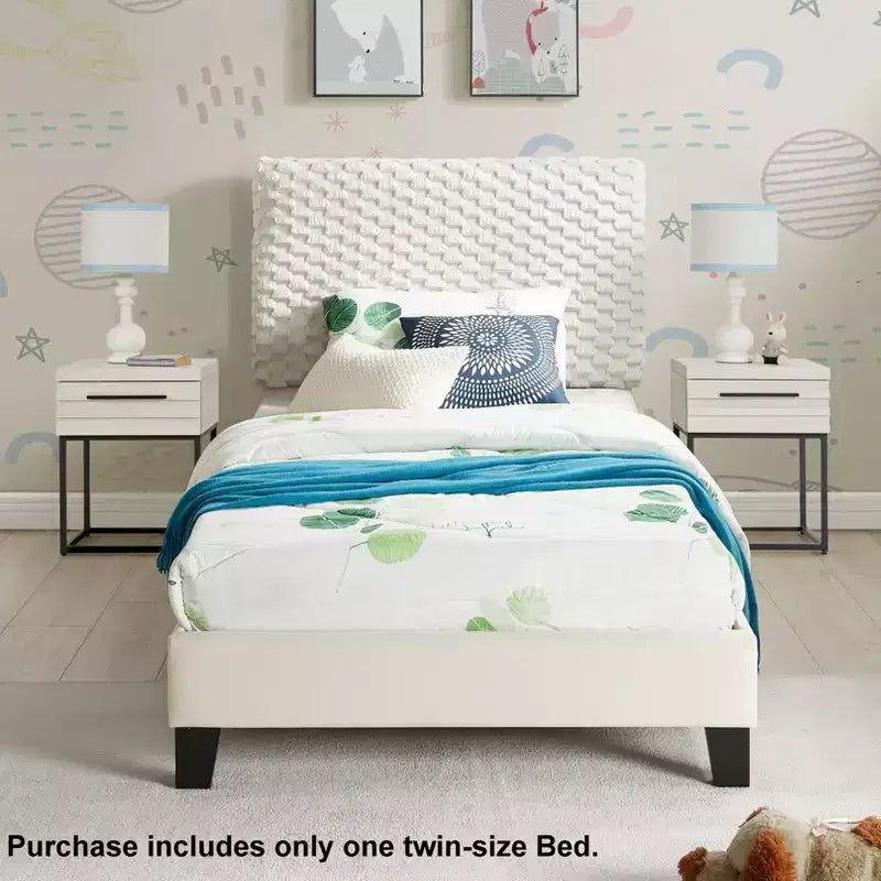 Findlay Plush 3D Upholstered Platform Bed in White Dove
