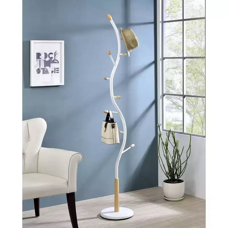 Roundhill Furniture Arles Metal Standing Coat Rack - Whtie and Oak