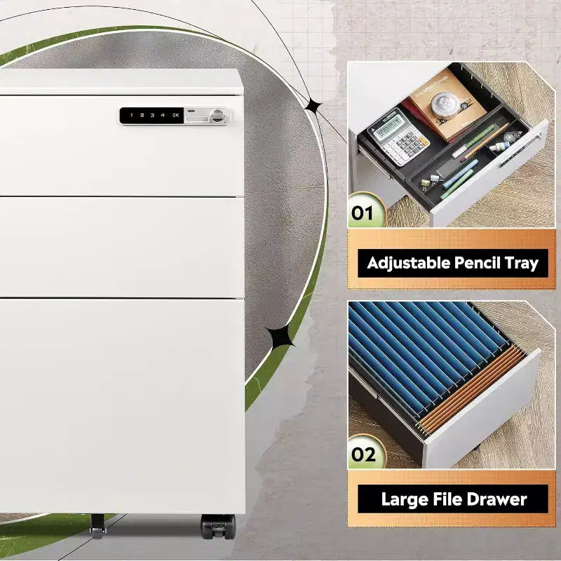 Caisson de bureau mobile à 3 tiroirs avec serrure intelligente, en acier pré-assemblé à placer sous le bureau