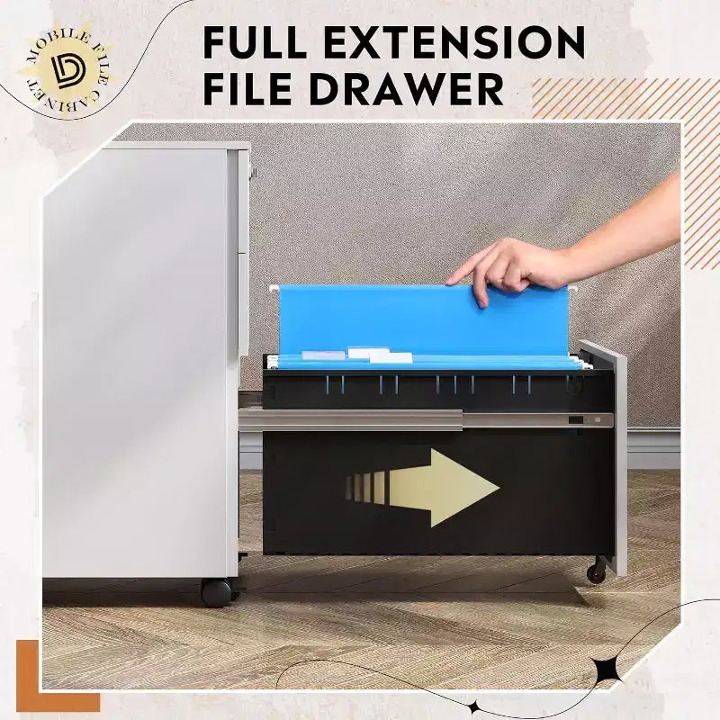 Caisson de bureau mobile à 3 tiroirs avec serrure intelligente, en acier pré-assemblé à placer sous le bureau