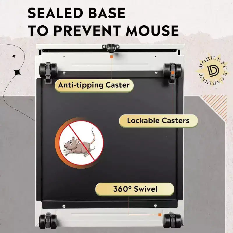 Caisson de bureau mobile à 3 tiroirs avec serrure intelligente, en acier pré-assemblé à placer sous le bureau