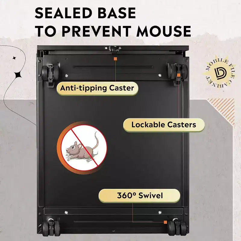 Caisson de bureau mobile à 3 tiroirs avec serrure intelligente, en acier pré-assemblé à placer sous le bureau