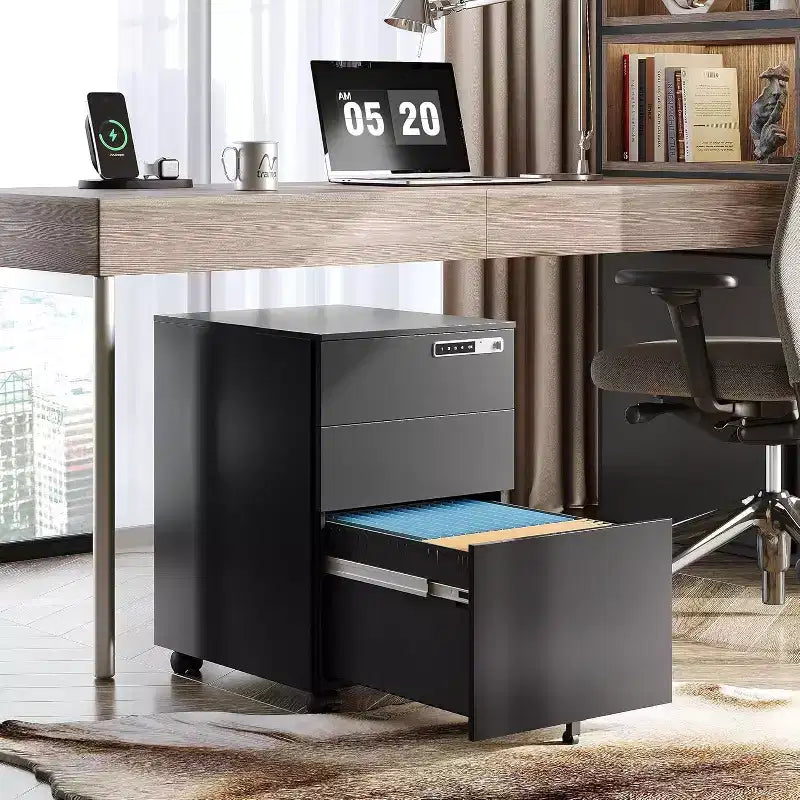3-Drawer Mobile File Cabinet with Smart Lock, Pre-Assembled Steel Pedestal Under Desk