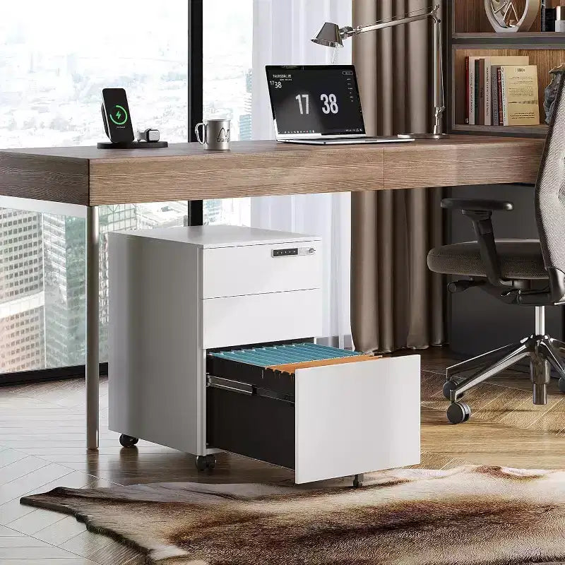 Caisson de bureau mobile à 3 tiroirs avec serrure intelligente, en acier pré-assemblé à placer sous le bureau