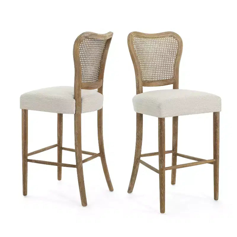 GDFStudio Wracy Upholstered 30 Rattan Back Rubber Wood Frame Barstool with Footrest, Light Brown