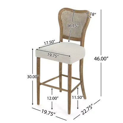 Tabouret de bar GDFStudio Wracy en bois d'hévéa, dossier en rotin, garni de tissu, repose-pieds, marron clair
