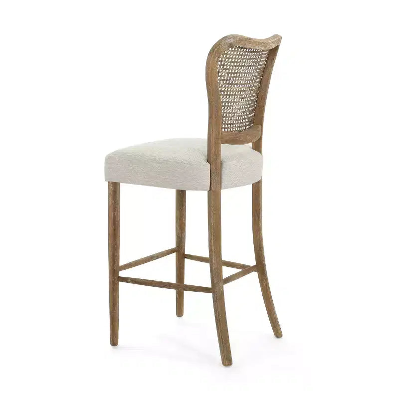 Tabouret de bar GDFStudio Wracy en bois d'hévéa, dossier en rotin, garni de tissu, repose-pieds, marron clair