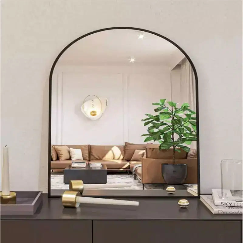 Miroir de cheminée arqué 26 x 38, Noir/Doré-HOMLUX : Cadre en métal, fixation murale, décor moderne