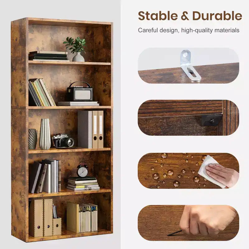 Sweetcrispy Étagère à Livres Industrielle à 5 Niveaux - Grande Bibliothèque Ouverte Autoportante de 135 cm