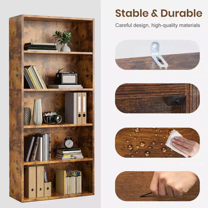 Sweetcrispy Étagère à Livres Industrielle à 5 Niveaux - Grande Bibliothèque Ouverte Autoportante de 135 cm